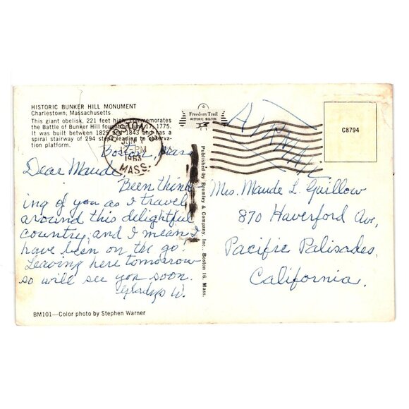 Bunker Hill Monument Postcard Charlestown MA Vintage 1960s Travel Memorabilia - Picture 2 of 2